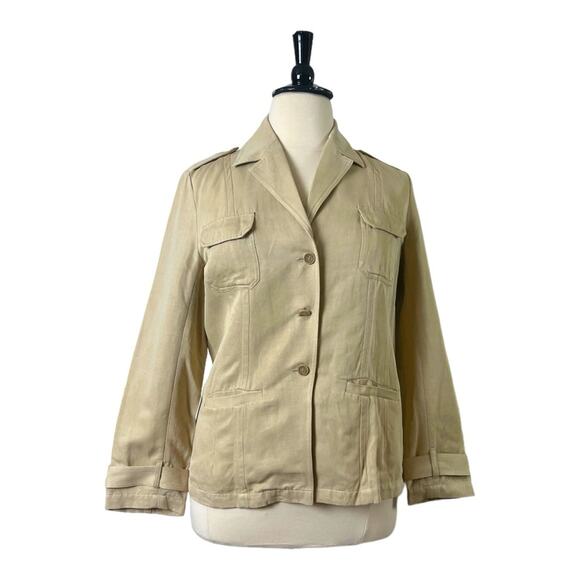 Chico’s Blazer 3 Button Front Peak Collar Silk Linen Tan Size 2 Women’s 12 - Picture 1 of 12